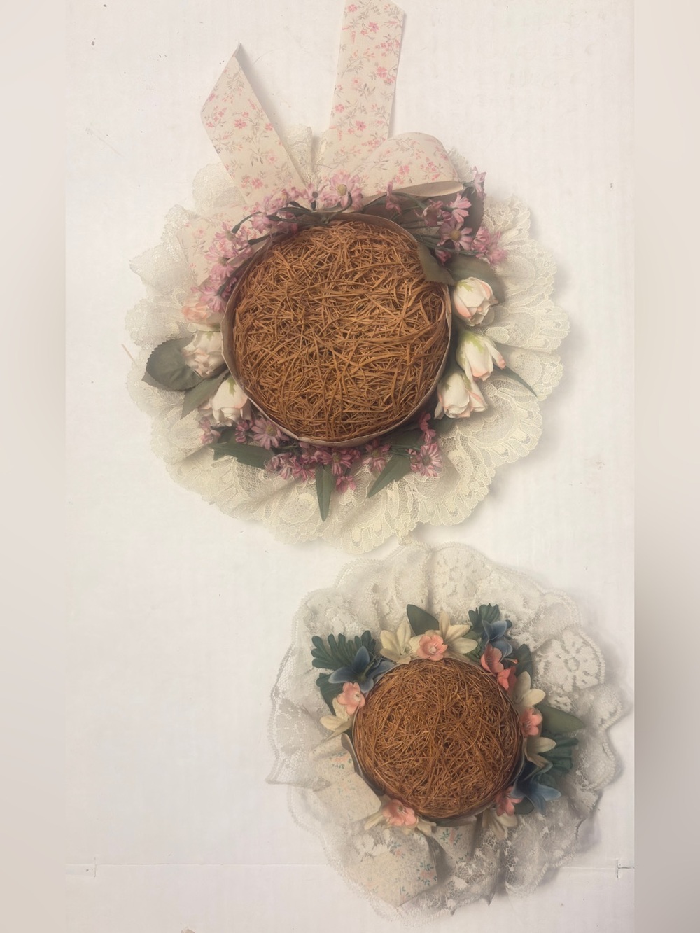 2 Vintage 90s cottagecore floral lace pearl straw hat wall decor 90s spring